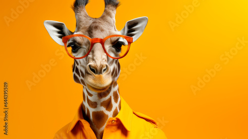 Trendy giraffe with a jacket and glasses on a yellow color background, copy space