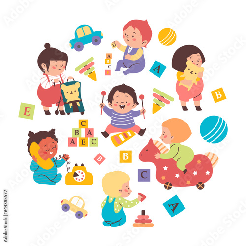 Children play toys and developmental puzzles flat vector illustration isolated.