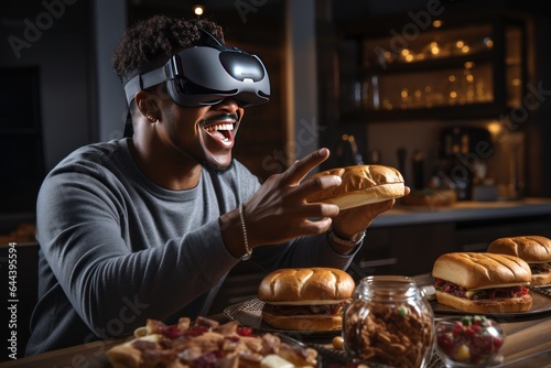 African man wearing VR headset sharing moment on dining table  Generate with Ai.