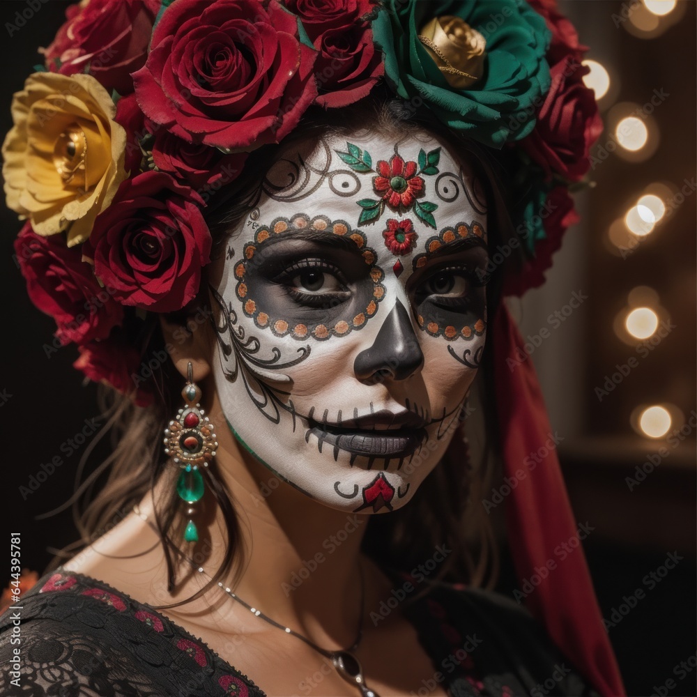 Portrait of a woman with skull makeup and flowers, Mexican Day of the Dead style. generative AI