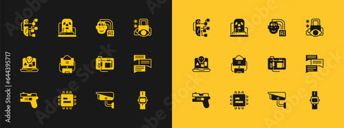 Set Cyber security, Processor CPU, Motherboard, Security camera, Cloud database, Humanoid robot, and Radioactive warning lamp icon. Vector