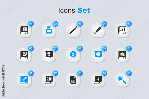 Set Holy bible book, Book, Inkwell, about weapon, Magnifying glass, Photo album gallery, and Microphone icon. Vector