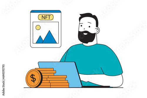 NFT token concept with people scene in flat web design. Man buys digital artwork with unique non fungible token at virtual marketplace. Vector illustration for social media banner, marketing material.