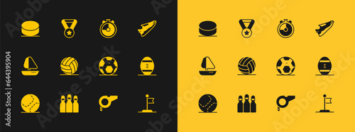 Set Fitness sneakers shoes, Bowling pin, Soccer football ball, Whistle, Volleyball, Stopwatch, Hockey puck and Medal icon. Vector