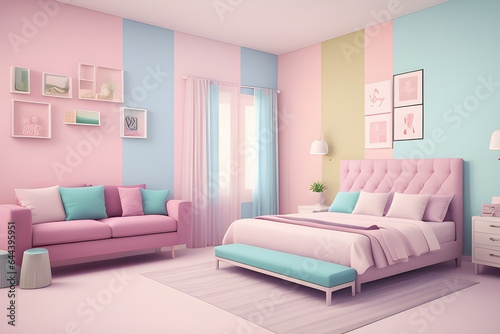 Interior design concept Sale of home decorations and furniture During promotions and discounts  it is surrounded by beds  sofas  armchairs and advertising spaces banner. Pastel background. 3d render