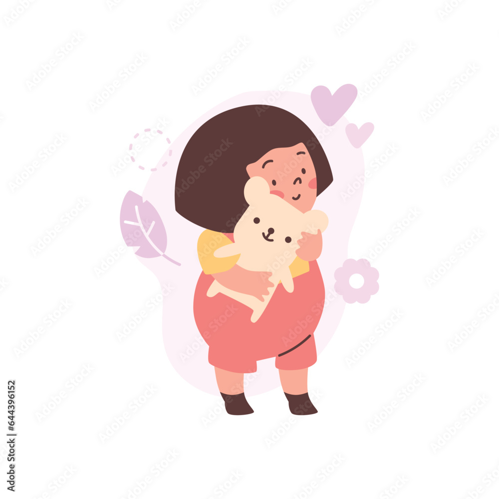 Cheerful little girl hugging a teddy bear, baby playing toys, vector cartoon concept children development and education Cheerful little girl hugging a teddy bear, baby playing toys, vector cartoon concept children development and education