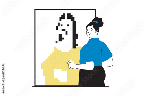 NFT token concept with people scene in flat web design. Woman works as digital artist and creating painting picture for selling online. Vector illustration for social media banner, marketing material.