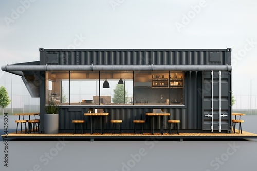 3D render of a gray isolated cafe made from a converted shipping container. Generative AI