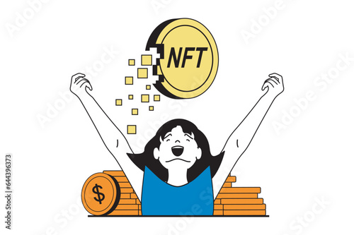 NFT token concept with people scene in flat web design. Woman creating non fungible token art for selling online and crypto earning. Vector illustration for social media banner, marketing material.