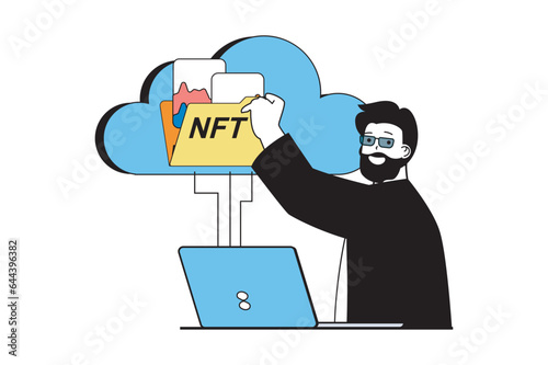 NFT token concept with people scene in flat web design. Man creating digital artworks for virtual selling and uploading files in cloud. Vector illustration for social media banner, marketing material.