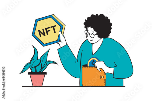 NFT token concept with people scene in flat web design. Woman buying digital artworks, investing crypto money from electronic wallet. Vector illustration for social media banner, marketing material.