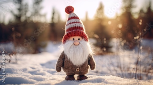 Soft toy sweet  Swedish Scandinavian folklore Christmas gnome nisse, tomte, with a big red hat, white beard, style of Danish design, with christmas winter snowy background. Copy space photo