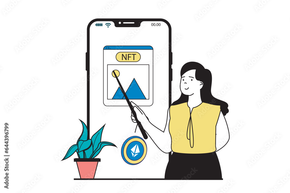 NFT token concept with people scene in flat web design. Woman trading digital picture masterpiece at online auction for getting profit. Vector illustration for social media banner, marketing material. NFT token concept with people scene in flat web design. Woman trading digital picture masterpiece at online auction for getting profit. Vector illustration for social media banner, marketing material.