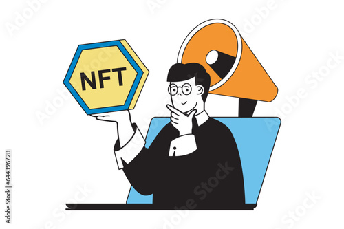 NFT token concept with people scene in flat web design. Man promoting and selling digital picture at marketplaces for getting profit. Vector illustration for social media banner, marketing material.