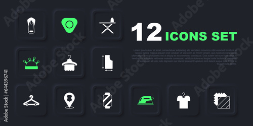 Set T-shirt on hanger, Layers clothing textile, Hanger wardrobe, Electric iron, Needle bed and needles, Leather, Sewing chalk and thread spool icon. Vector