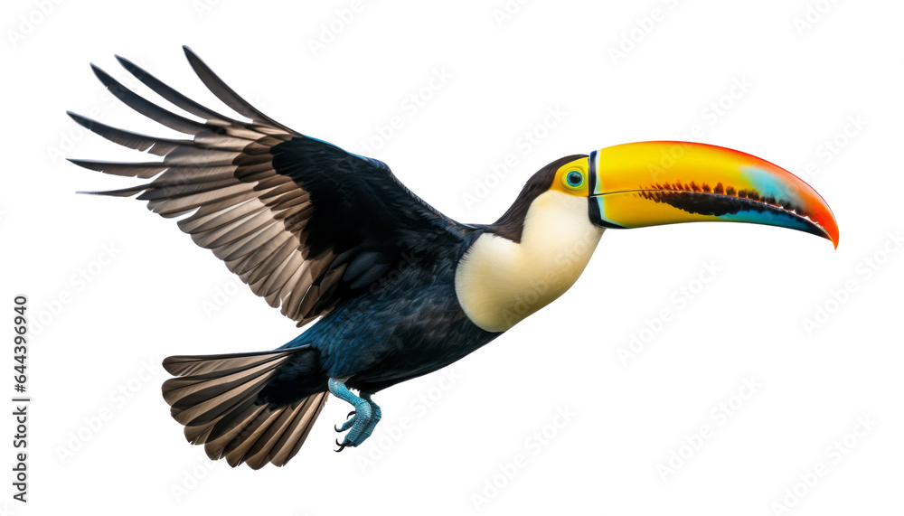 Naklejka premium toucan in flight isolated on transparent background cutout