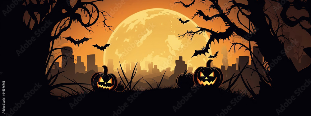 Illustration of Happy Halloween background, silhouettes of trees, houses, bats and pumpkins on orange background, minimal concept, copy space