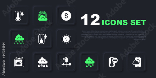 Set Thermometer, Weather forecast app, Hail cloud, Fog and, Cloud lightning, Rainbow with and Rooster weather vane icon. Vector
