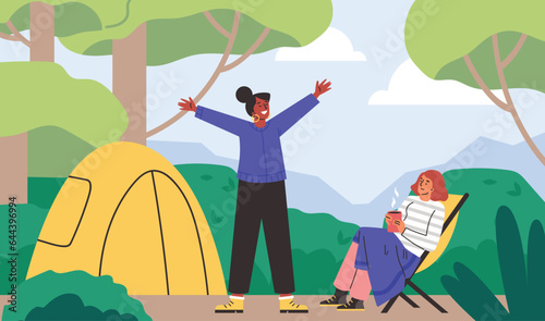 Vacation with tents in forest or camping, flat vector illustration.