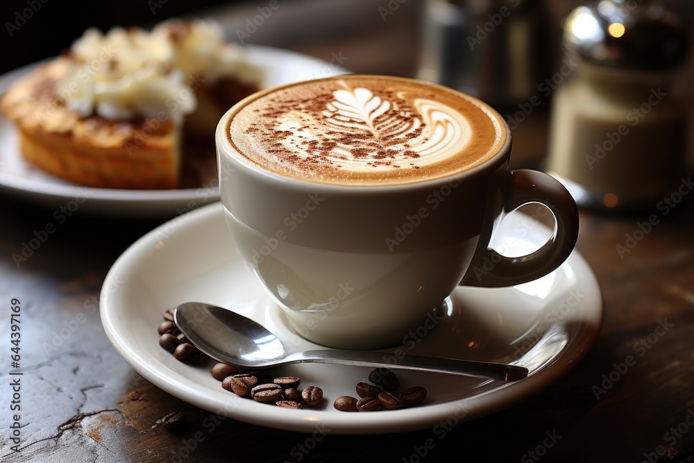 Cup of cappuccino on table with pastries in cafe or at home in kitchen. Milk foam in heart shape leaf tree on top of latte art from professional barista. Cup of cappuccino on table with pastries in cafe or at home in kitchen. Milk foam in heart shape leaf tree on top of latte art from professional barista.