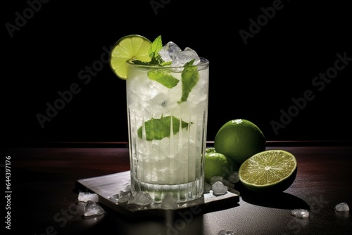Traditional Brazilian beverage made with cachaça, lime, sugar, and ice. Generative AI