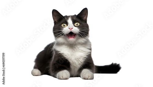 meowing black and white cat isolated on transparent background cutout