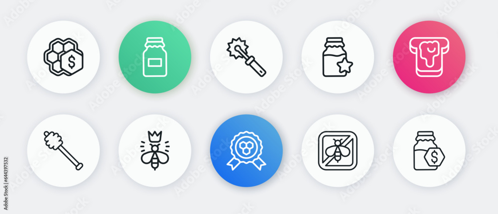 Set line Honey award, Bread with honey, dipper stick, Stop bee, Jar of, Cutter roll for, Sale in jar and Queen icon. Vector Set line Honey award, Bread with honey, dipper stick, Stop bee, Jar of, Cutter roll for, Sale in jar and Queen icon. Vector