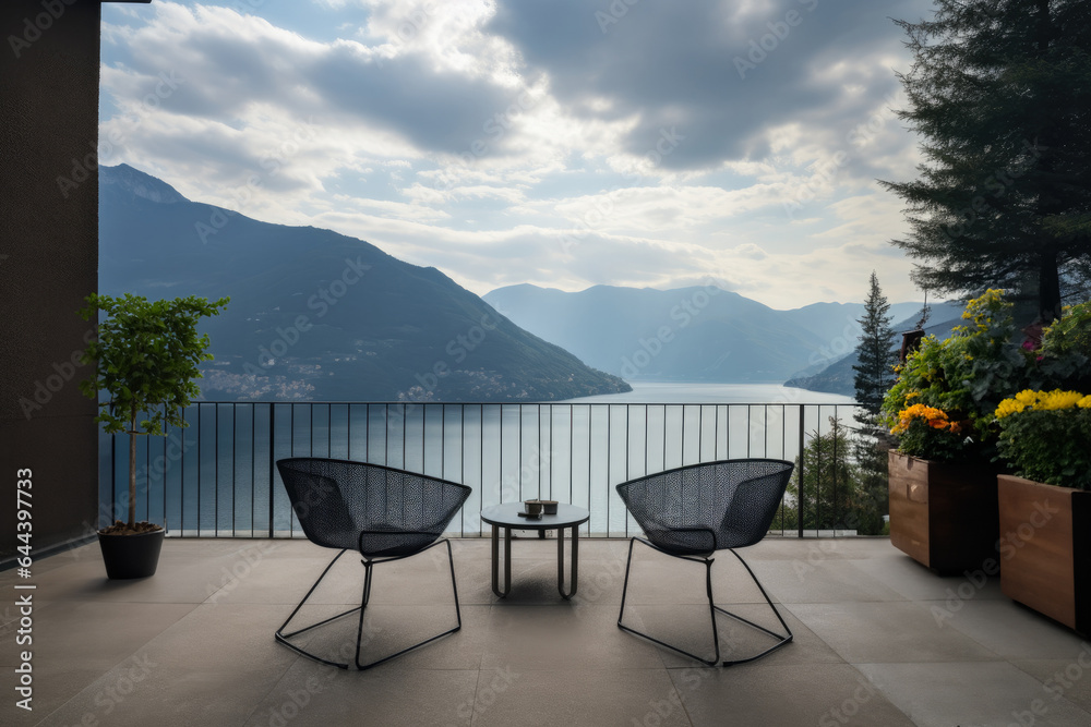 Fototapeta premium Picturesque view from the terrace, located on the seafront, surrounded by lush greenery, overlooking a quiet bay.