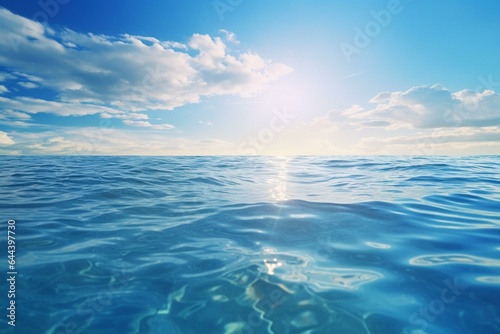 A serene ocean with sun reflection and rippling waves under clear sky and sunlight. Generative AI