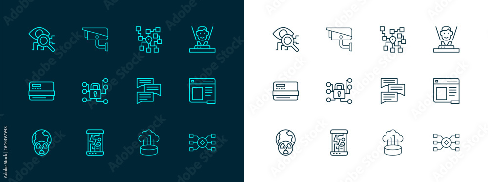 Set line Hologram, Cryogenic capsules, Speech bubble chat, Network cloud connection, Cyber security, Neural network, Eye scan and Security camera icon. Vector Set line Hologram, Cryogenic capsules, Speech bubble chat, Network cloud connection, Cyber security, Neural network, Eye scan and Security camera icon. Vector