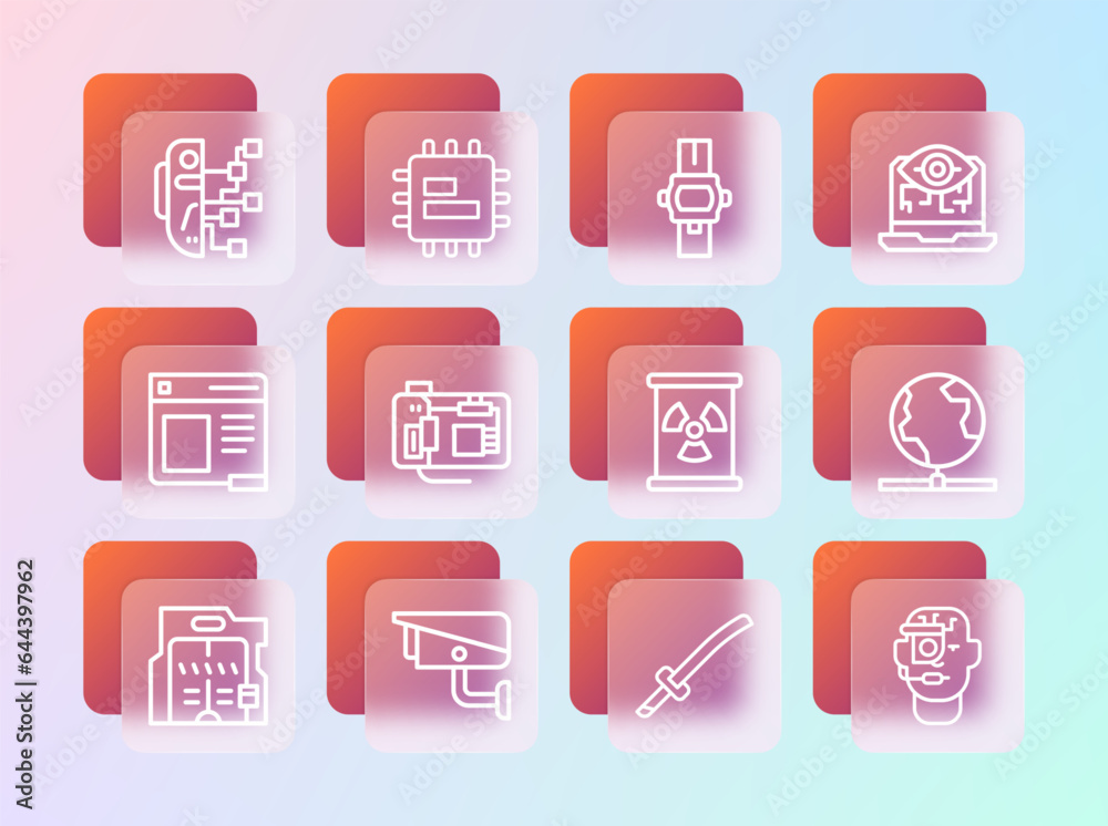 Set line Computer vision, Security camera, Radioactive waste in barrel, Katana, Motherboard, Wrist watch, Humanoid robot and Processor CPU icon. Vector Set line Computer vision, Security camera, Radioactive waste in barrel, Katana, Motherboard, Wrist watch, Humanoid robot and Processor CPU icon. Vector