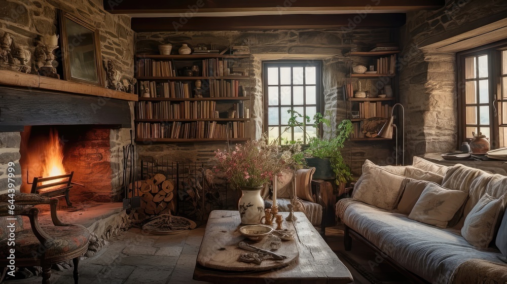 Cozy Nostalgia: A Rustic Living Room in a Charming Countryside Cottage. Generative AI 1