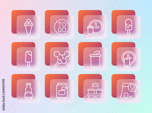 Set line Ice cream, Soda can, Paper glass with water, Coffee cup to go, Meatballs on wooden stick, Round the clock delivery, in waffle and icon. Vector