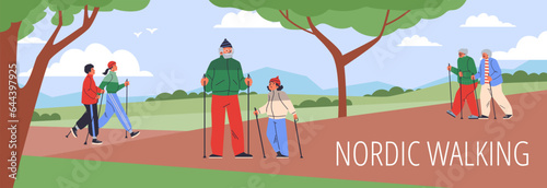 Diverse people nordic walking in park, flat vector illustration.