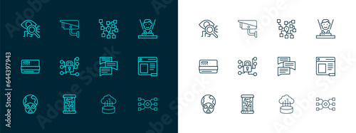 Set line Hologram, Cryogenic capsules, Speech bubble chat, Network cloud connection, Cyber security, Neural network, Eye scan and Security camera icon. Vector
