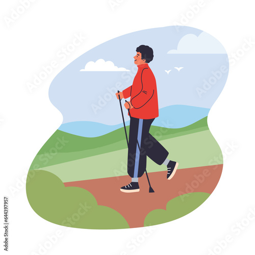 Happy man nordic walking in nature, flat vector illustration isolated on white background.