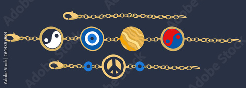 Funky bracelets. Golden chains with beads. Yin-yang, evil eye, pacific sign. Vector set.