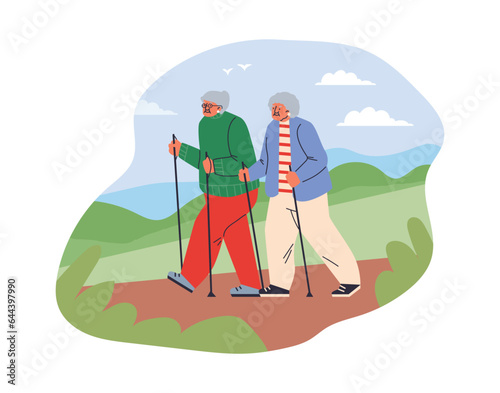 Active pensioners couple doing nordic walking with sticks in natural landscape, vector healthy outdoor sport activity
