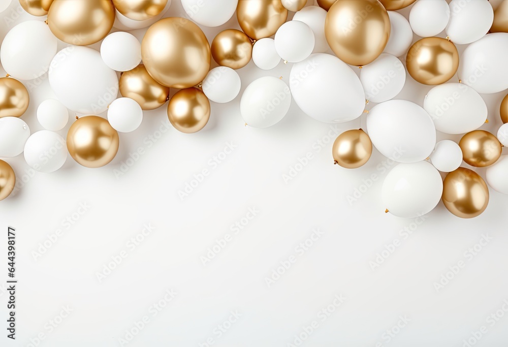gold and white balloons around on a white background. gold and white balloons around on a white background.