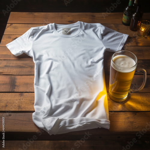Blank white t - shirt lying in a sleeping position on a table and are several glass of beer