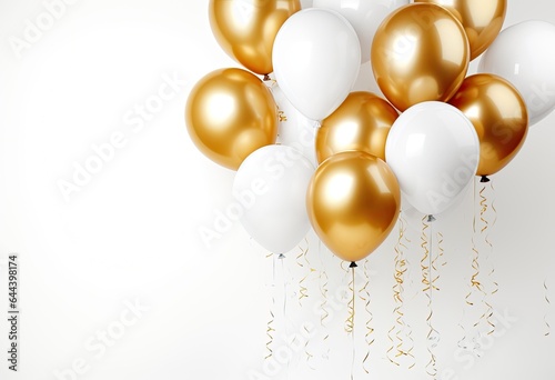 gold and white balloons around on a white background.