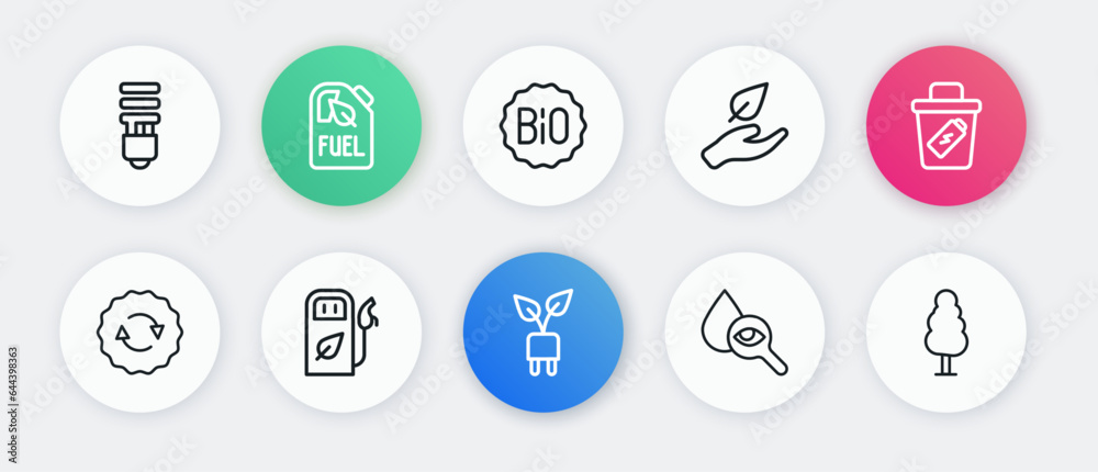 Set line Electric saving plug in leaf, Trash can, Recycle symbol, Drop and magnifying glass, Leaf hand, Banner for bio, Tree and Petrol gas station icon. Vector Set line Electric saving plug in leaf, Trash can, Recycle symbol, Drop and magnifying glass, Leaf hand, Banner for bio, Tree and Petrol gas station icon. Vector
