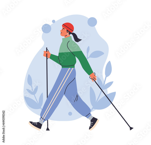 Young woman making nordic walking training, outdoor sport activity, healthy lifestyle vector on blue floral background