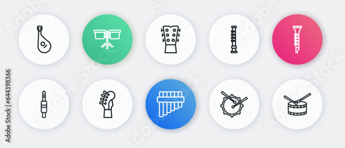Set line Pan flute, Clarinet, Audio jack, Drum with drum sticks, Flute, Guitar neck, and icon. Vector