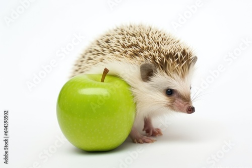Cute adult hedgehog with green apple isolated on white background