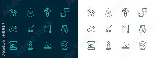 Set line Game dice, Burning candle, Playing cards, Magic powder, Medallion on chain with eye, Psilocybin mushroom, Magical glitter particles and Ghost icon. Vector