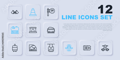 Set line Train ticket, Handcar transportation, Railway tunnel, Route location, Oil railway cistern, High-speed train, Traffic cone and Cable icon. Vector