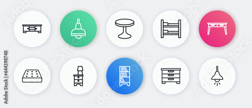 Set line Library bookshelf, Office desk, Mattress, Chest of drawers, Bunk bed, Round table, Lamp hanging and Furniture nightstand with lamp icon. Vector