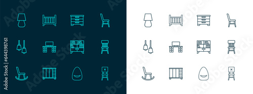 Set line Chair, Wardrobe, Library bookshelf, Pouf, Office desk, Chest of drawers, Table lamp and Baby crib cradle bed icon. Vector
