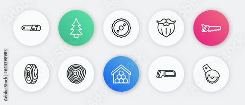 Set line Wooden logs, Hand saw, Tree rings, Hacksaw, Mustache beard, Circular blade, Electric circular and icon. Vector
